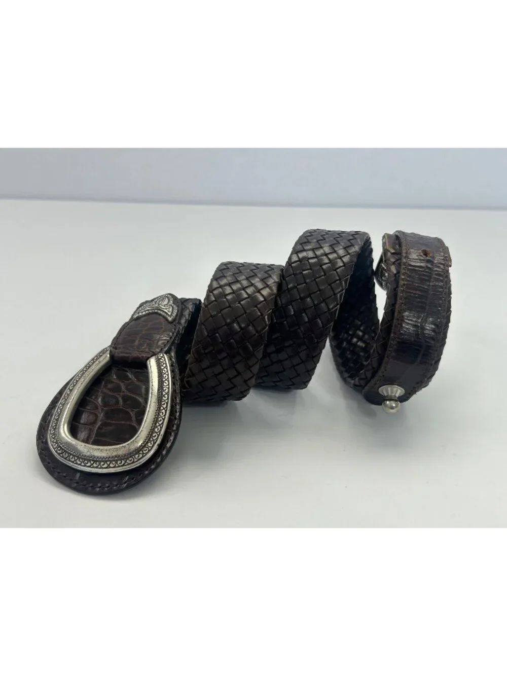 VTG Brighton Brown Woven Leather Belt Silver Buckle Gator Embossed Western Sz S